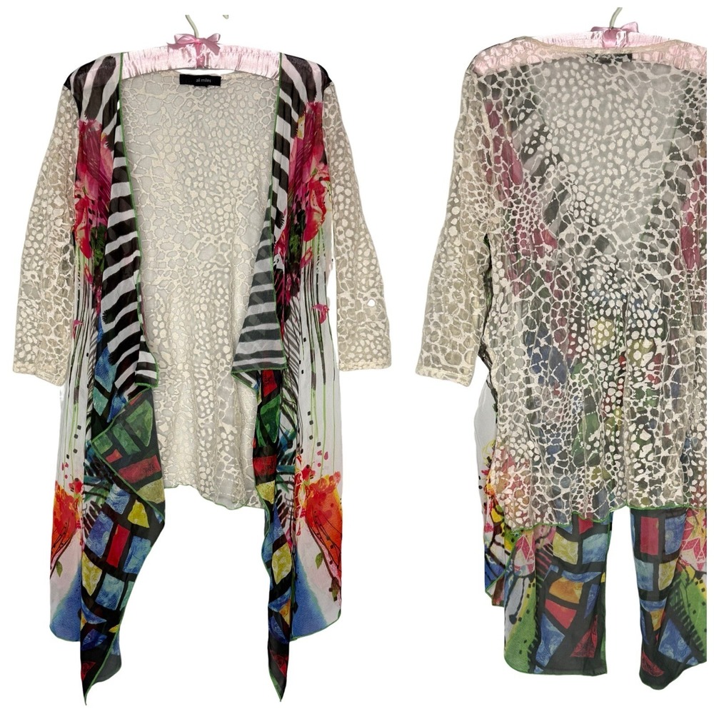 Ali Miles L Tunic Top Artsy Art To Wear Boho Lagenlook Colorful Flowy Lace Sheer